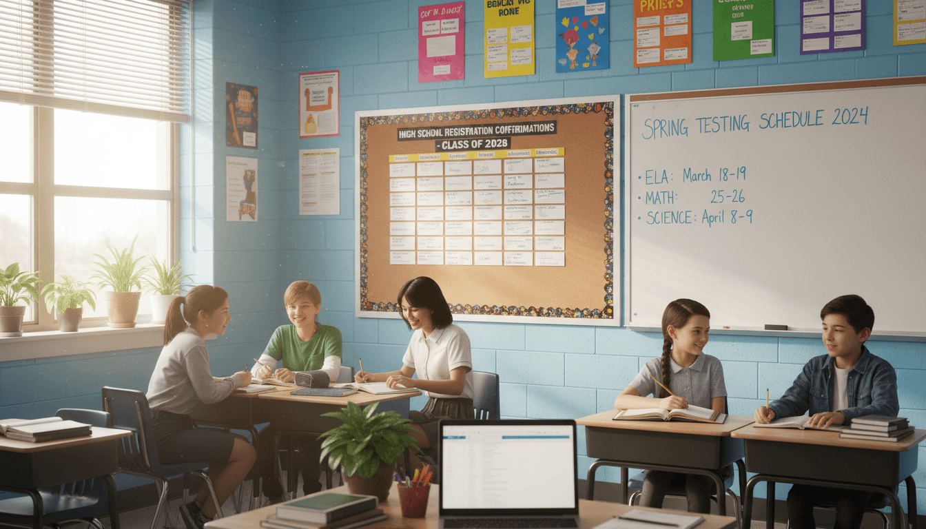 Eighth grade classroom March with high school registration confirmation board and spring testing schedule posted
