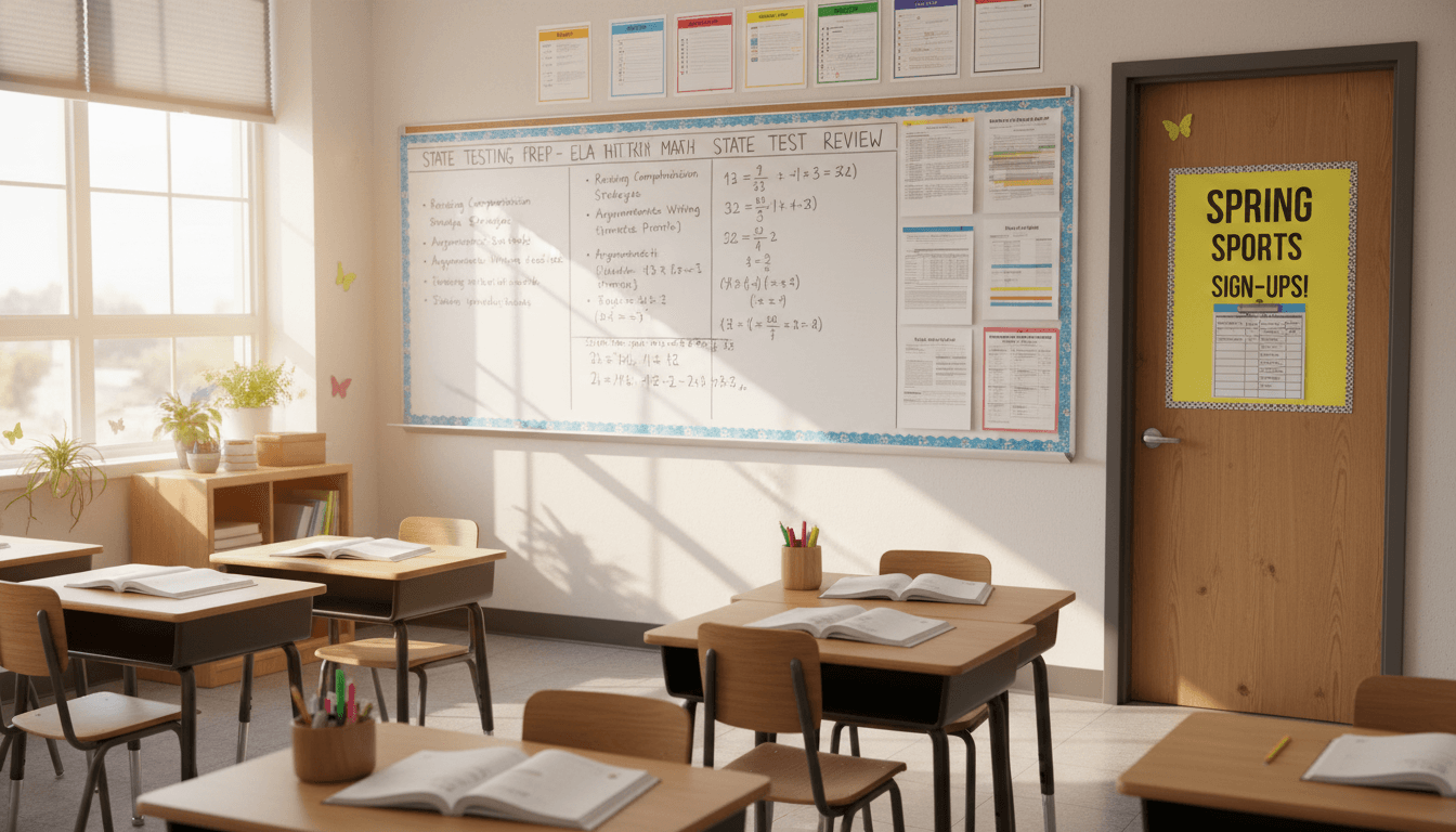 Middle school classroom in March with state testing prep materials on the board and spring sports sign-up sheet by the door