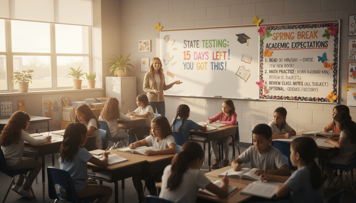 Seventh grade classroom March with state testing countdown and spring break academic expectations board