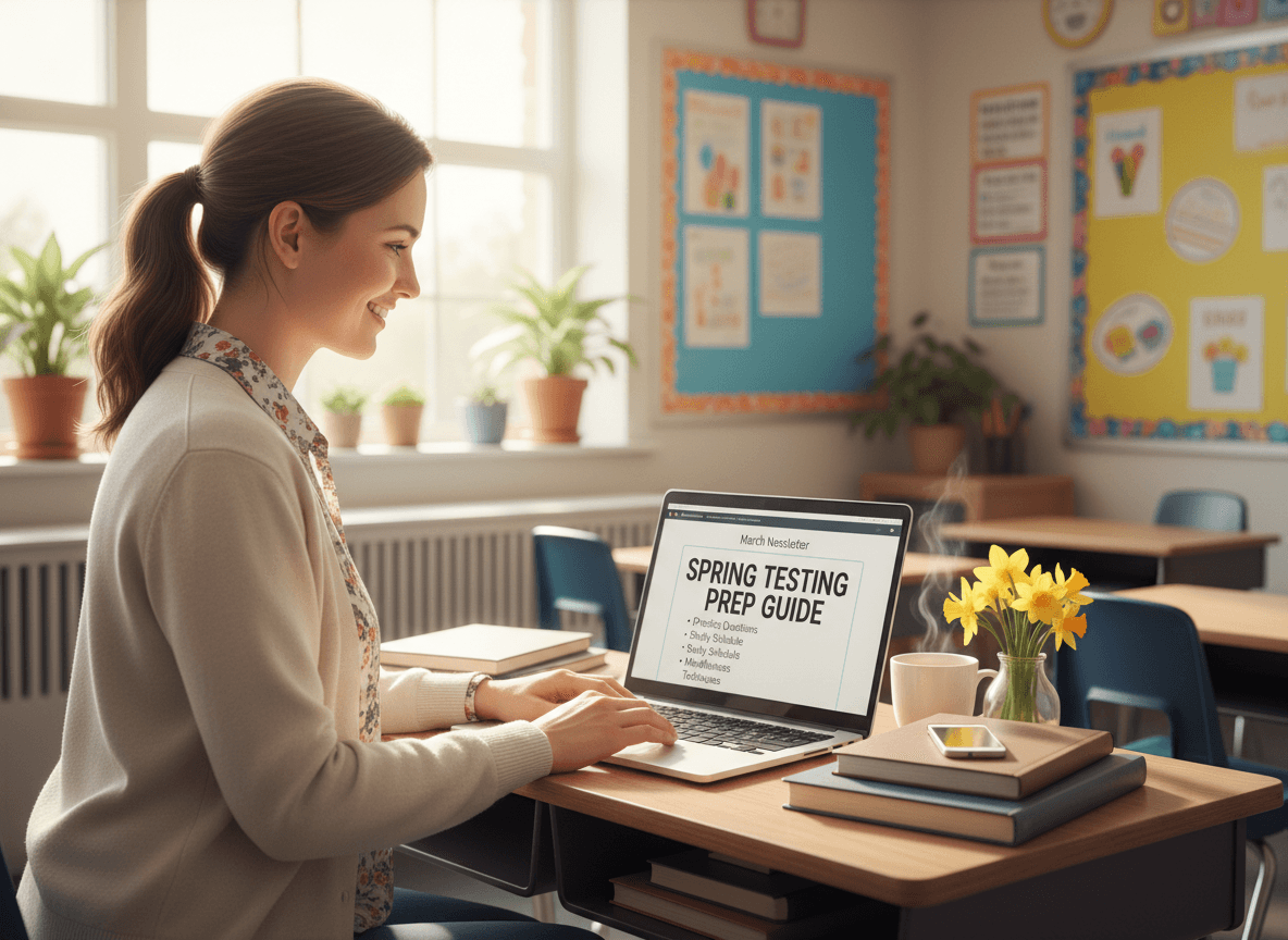 Sixth grade teacher composing March newsletter with spring testing prep guide visible on screen