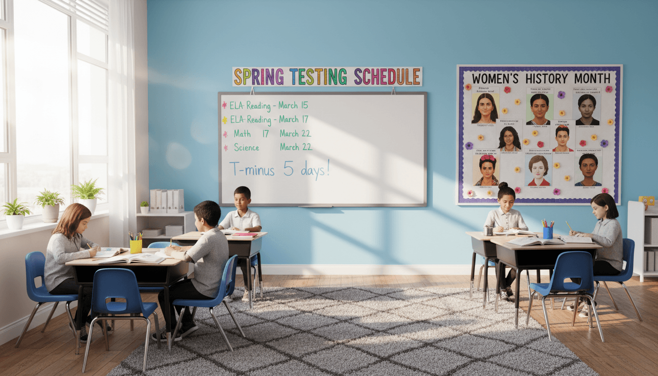 Sixth grade classroom March with spring testing schedule and Women's History Month bulletin board