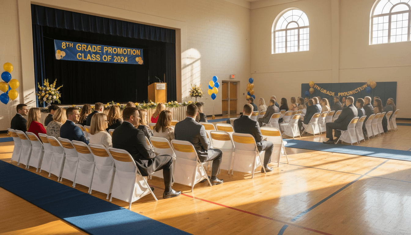 Middle school gymnasium decorated for 8th grade promotion ceremony with parents seated in rows