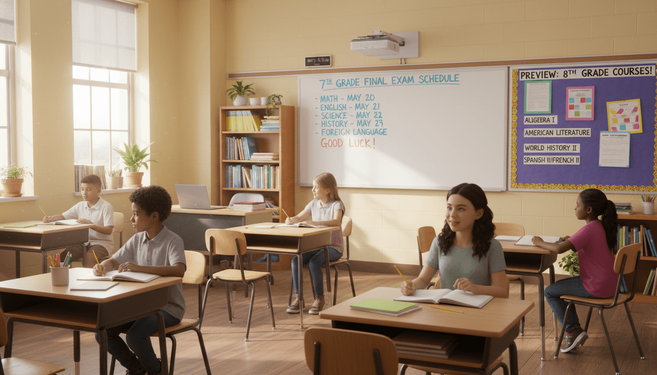 Seventh grade classroom May with final exam schedule and 8th grade course preview board
