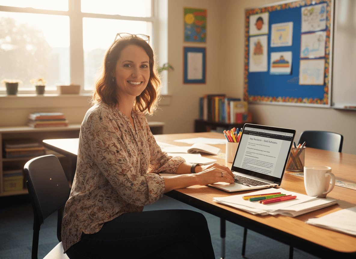 Sixth grade teacher composing May newsletter with first year of middle school reflection and final exam schedule