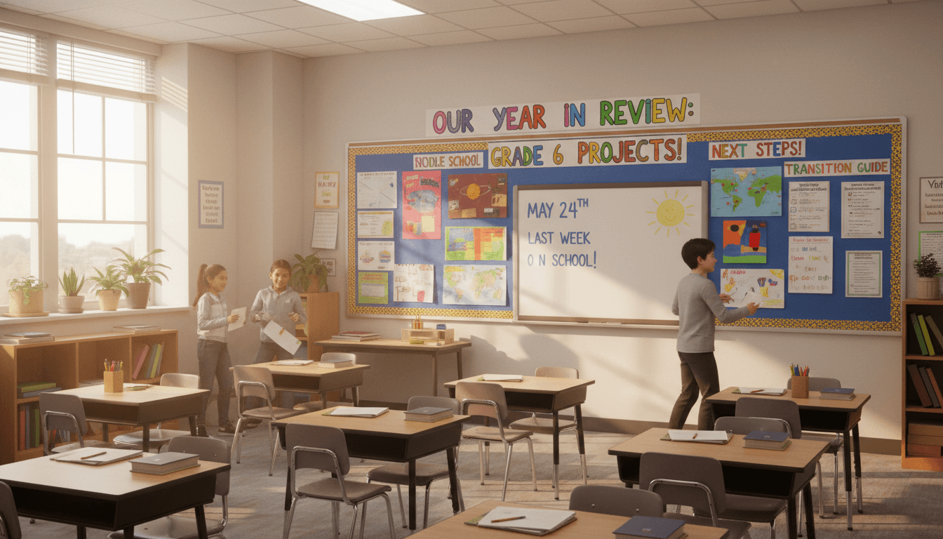 Sixth grade classroom May with end-of-year project display and summer transition guide on bulletin board