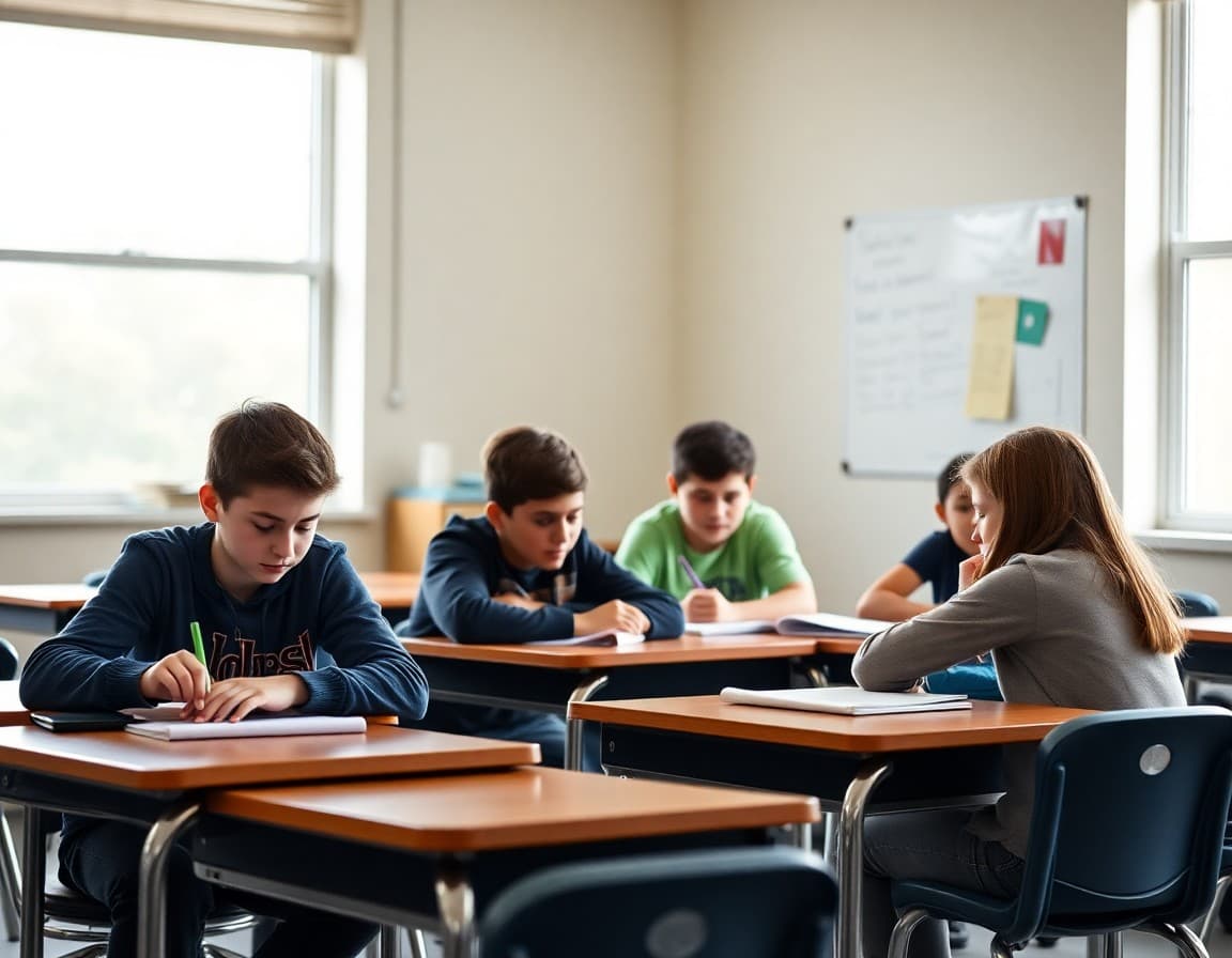 Maryland middle school students working in small groups during class
