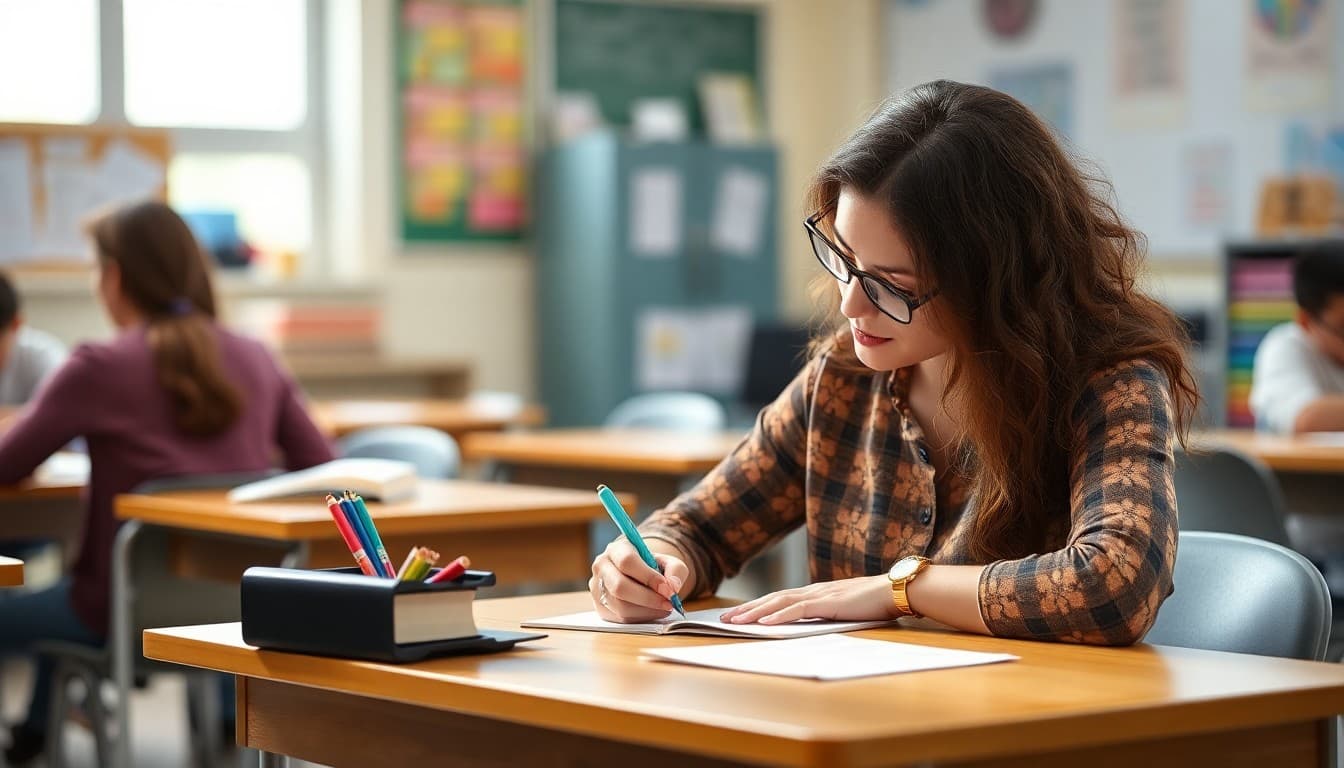 Middle school teacher in Maryland writing parent newsletter at classroom desk