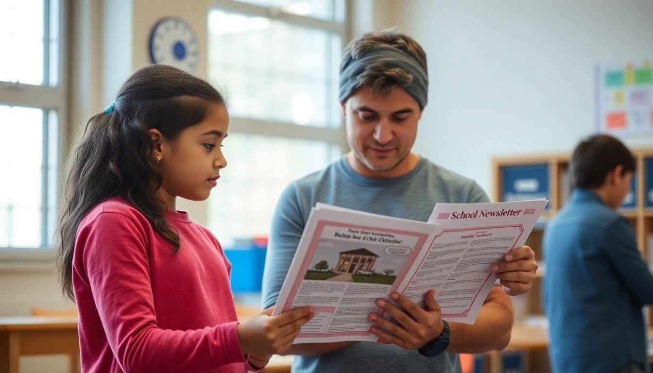 Middle school students and a parent reviewing a school newsletter together