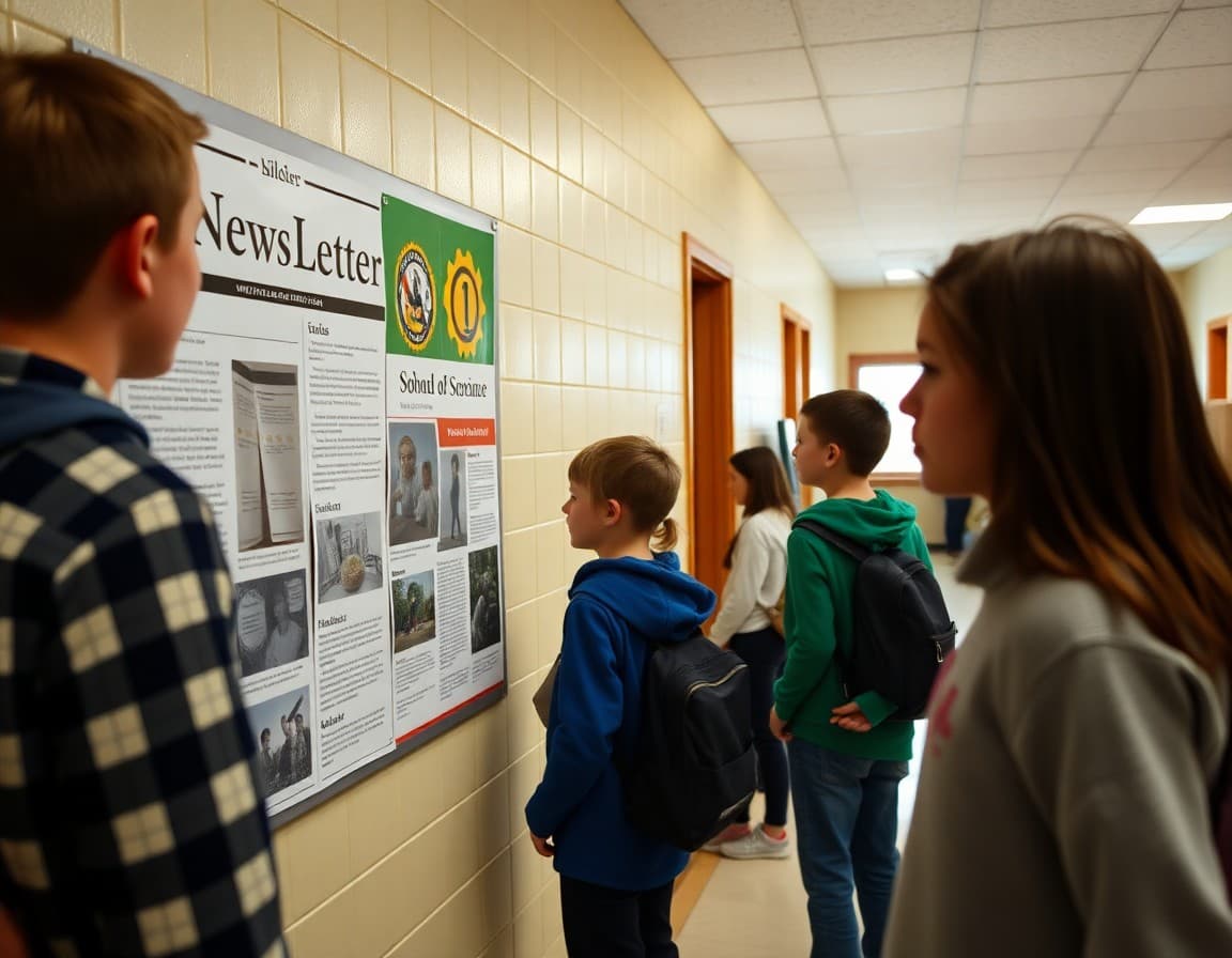 Maine middle school newsletter posted on hallway bulletin board near student science project displays
