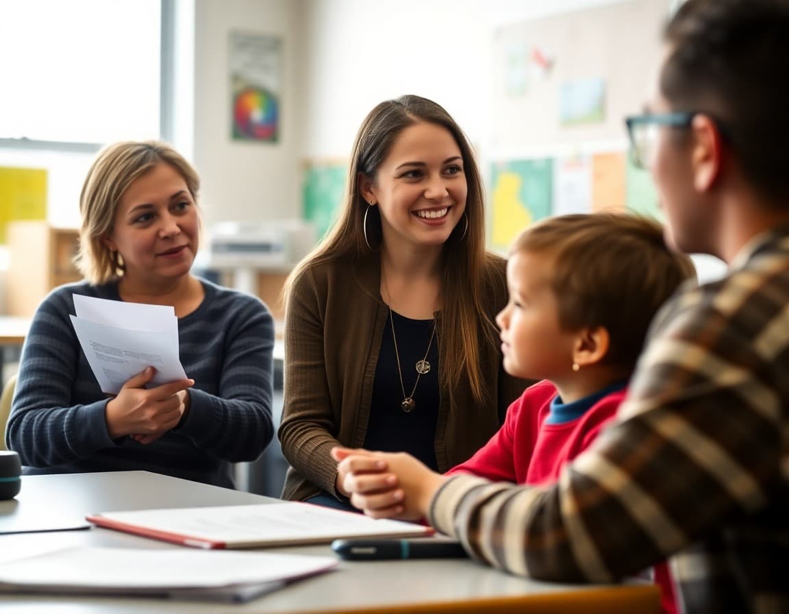 Parent and middle school student talking with a teacher at a conference