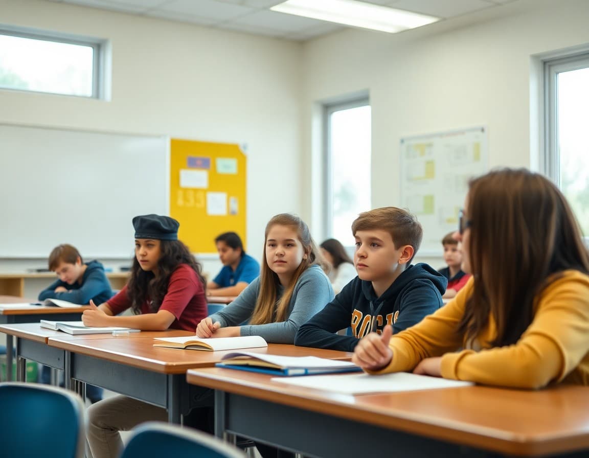 Michigan middle school students engaged in group discussion during class