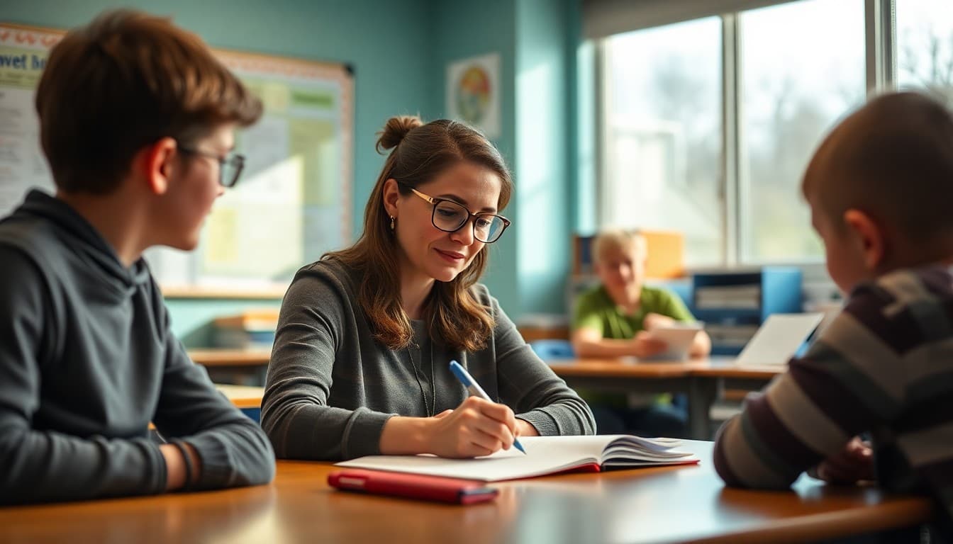 Middle school teacher in Michigan writing parent newsletter at classroom desk