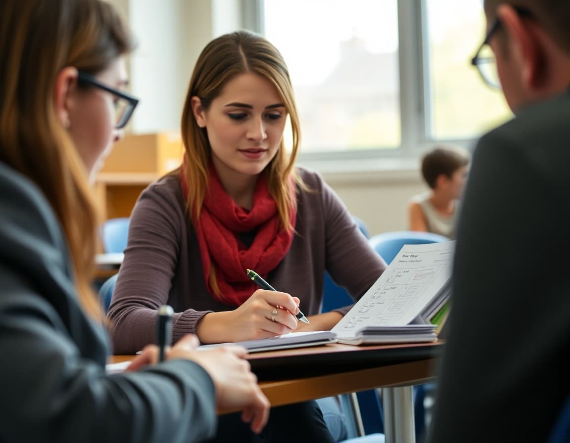 Parent taking notes during a parent-teacher conference with organized folder of student work