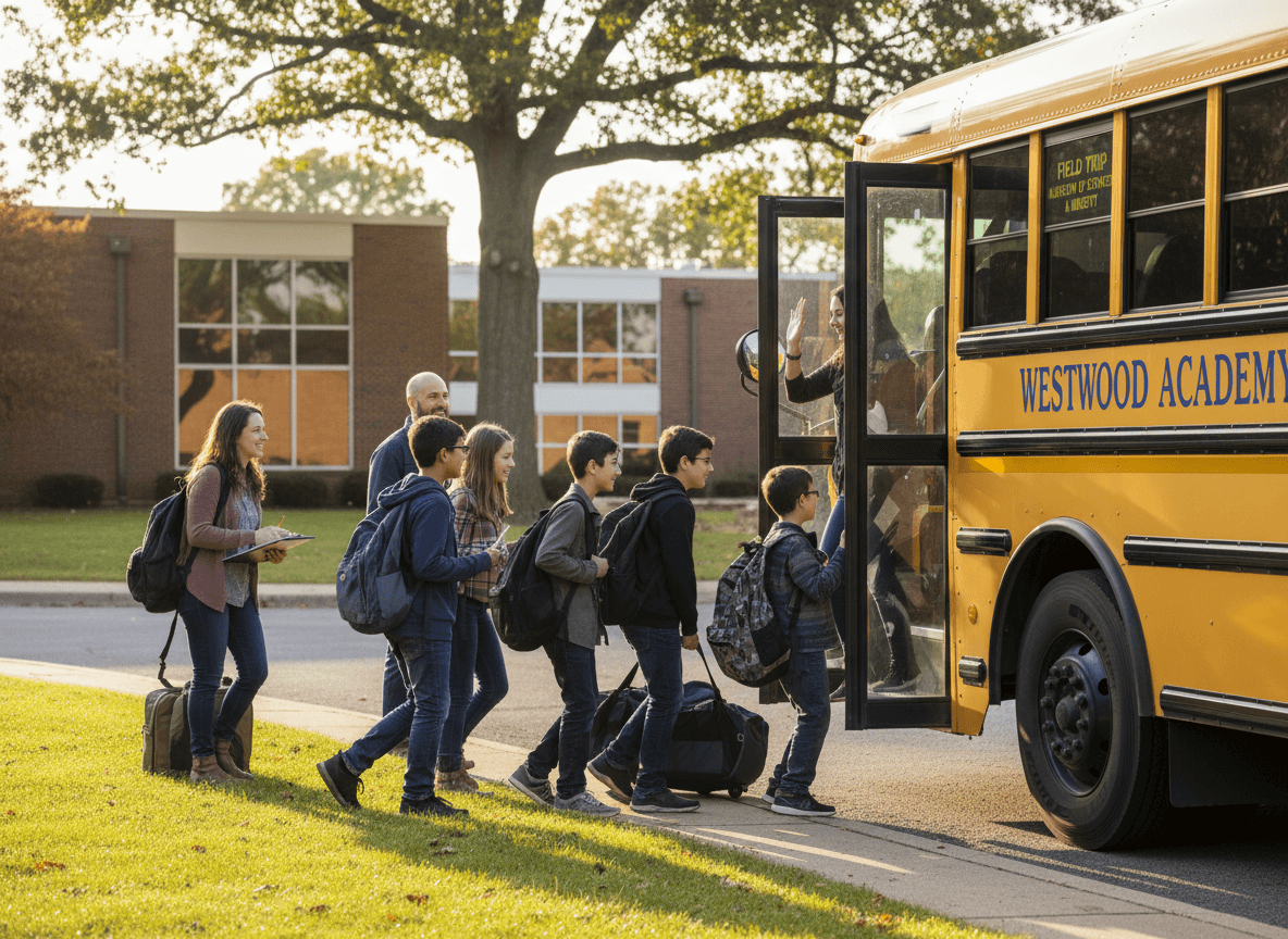 A group of middle school students with chaperones boarding a bus for a school trip