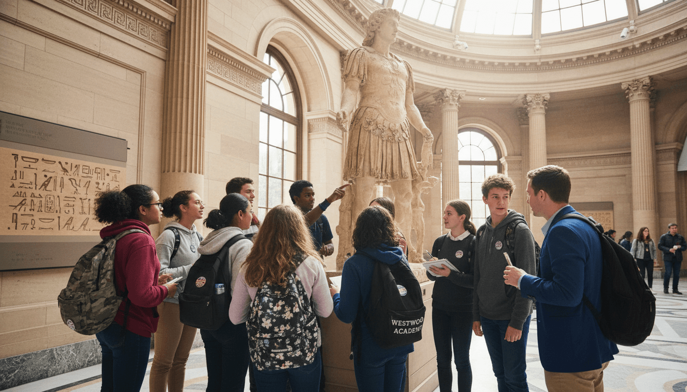 Eighth grade students on a class trip visiting a historical monument or museum