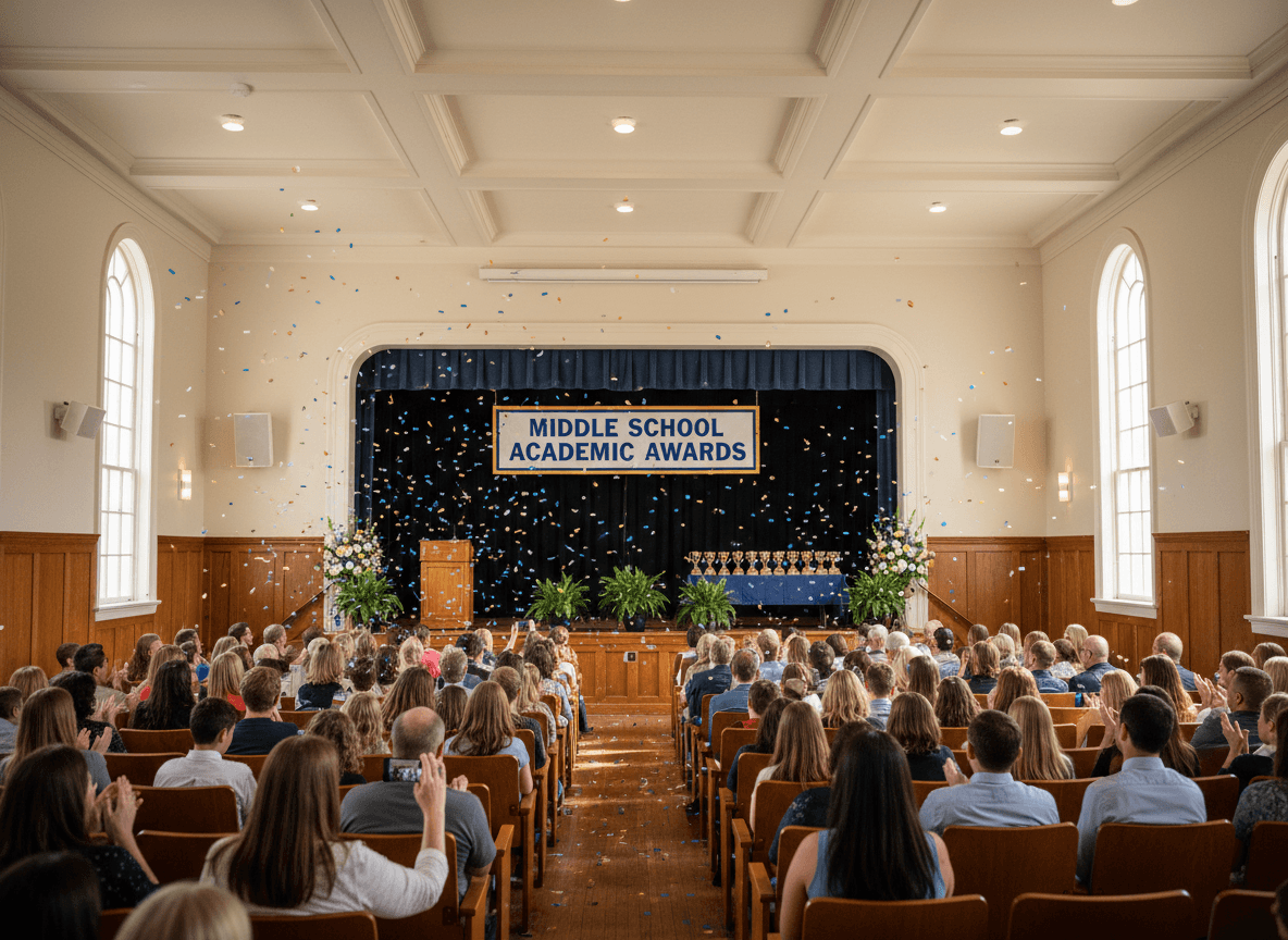 A school auditorium set up for a middle school awards assembly with families in attendance