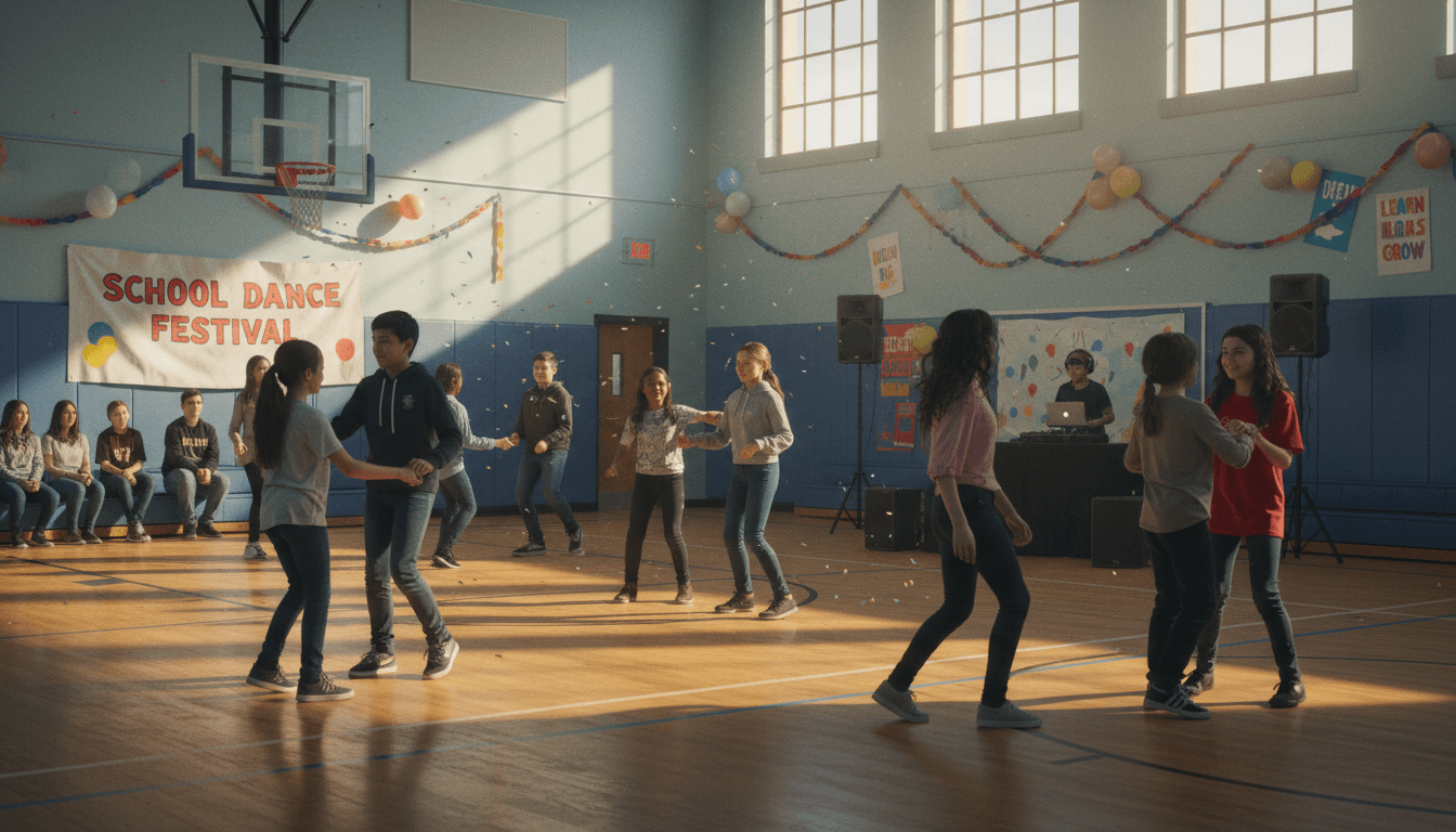 Middle school students dancing together in a decorated school gymnasium