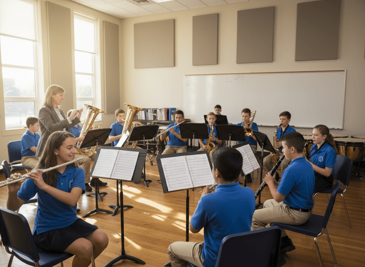 A middle school band class with students playing instruments in a rehearsal room