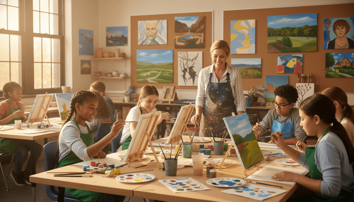 Middle school students in an art elective class working on a painting project