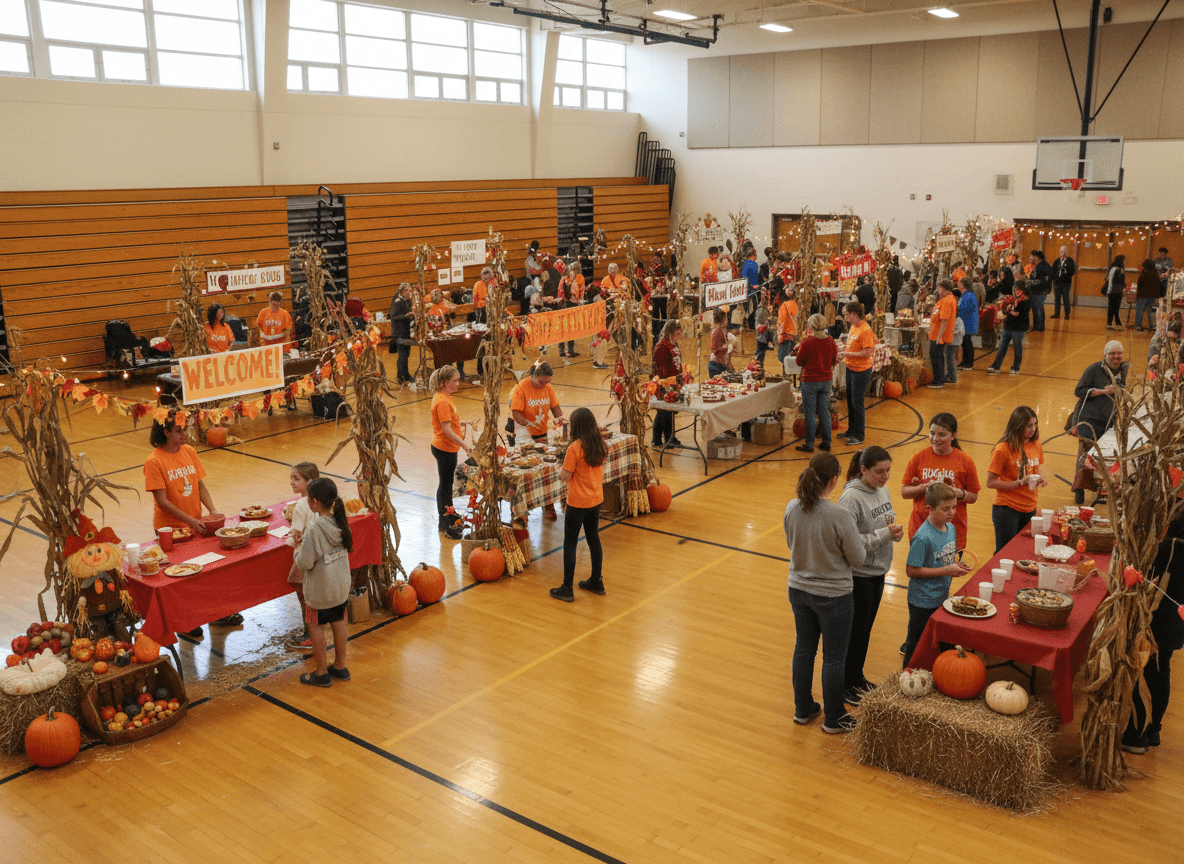 Decorated fall festival booths set up in a school gymnasium with students and families browsing