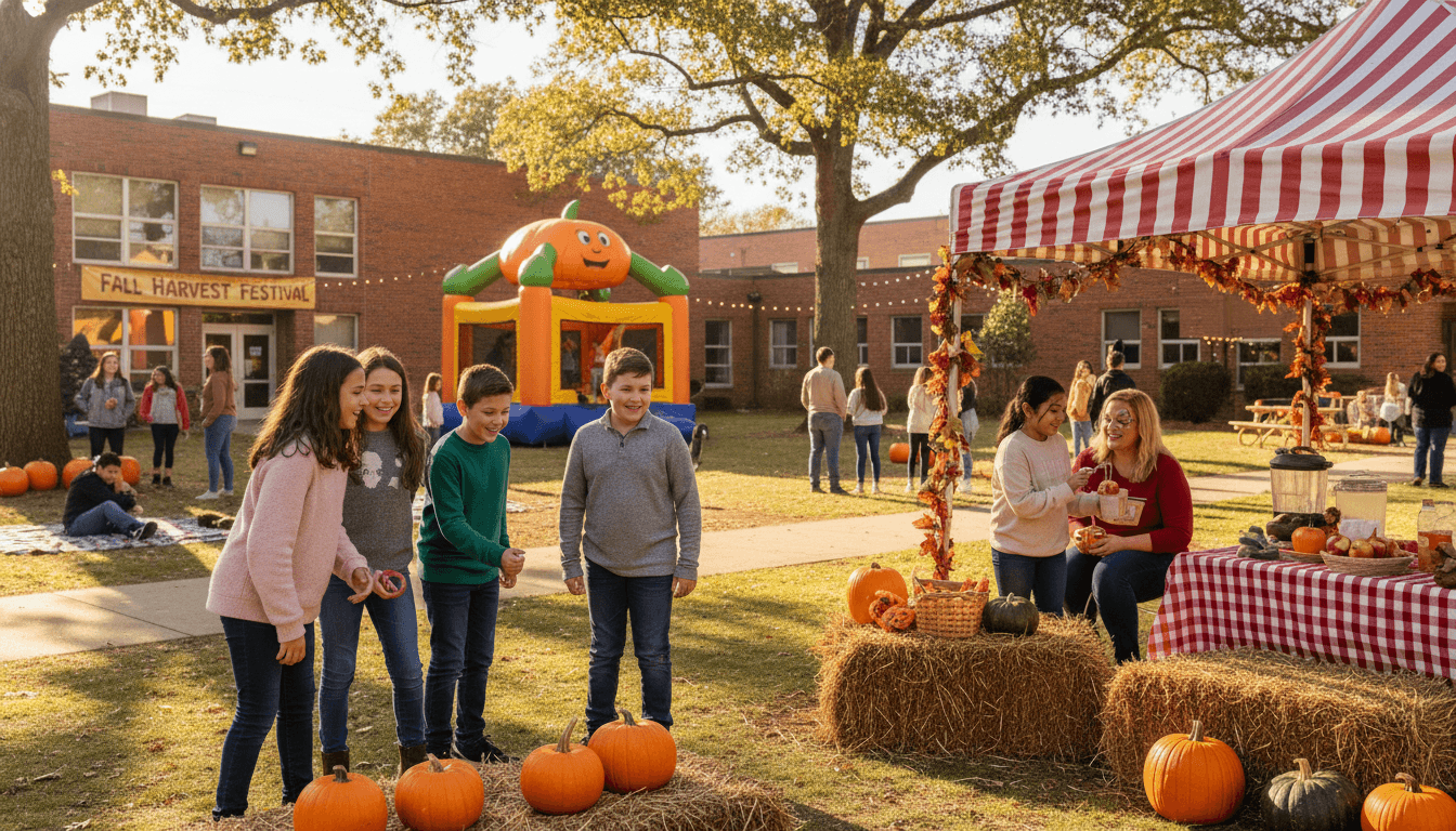 Middle school students enjoying fall festival activities on a sunny school campus