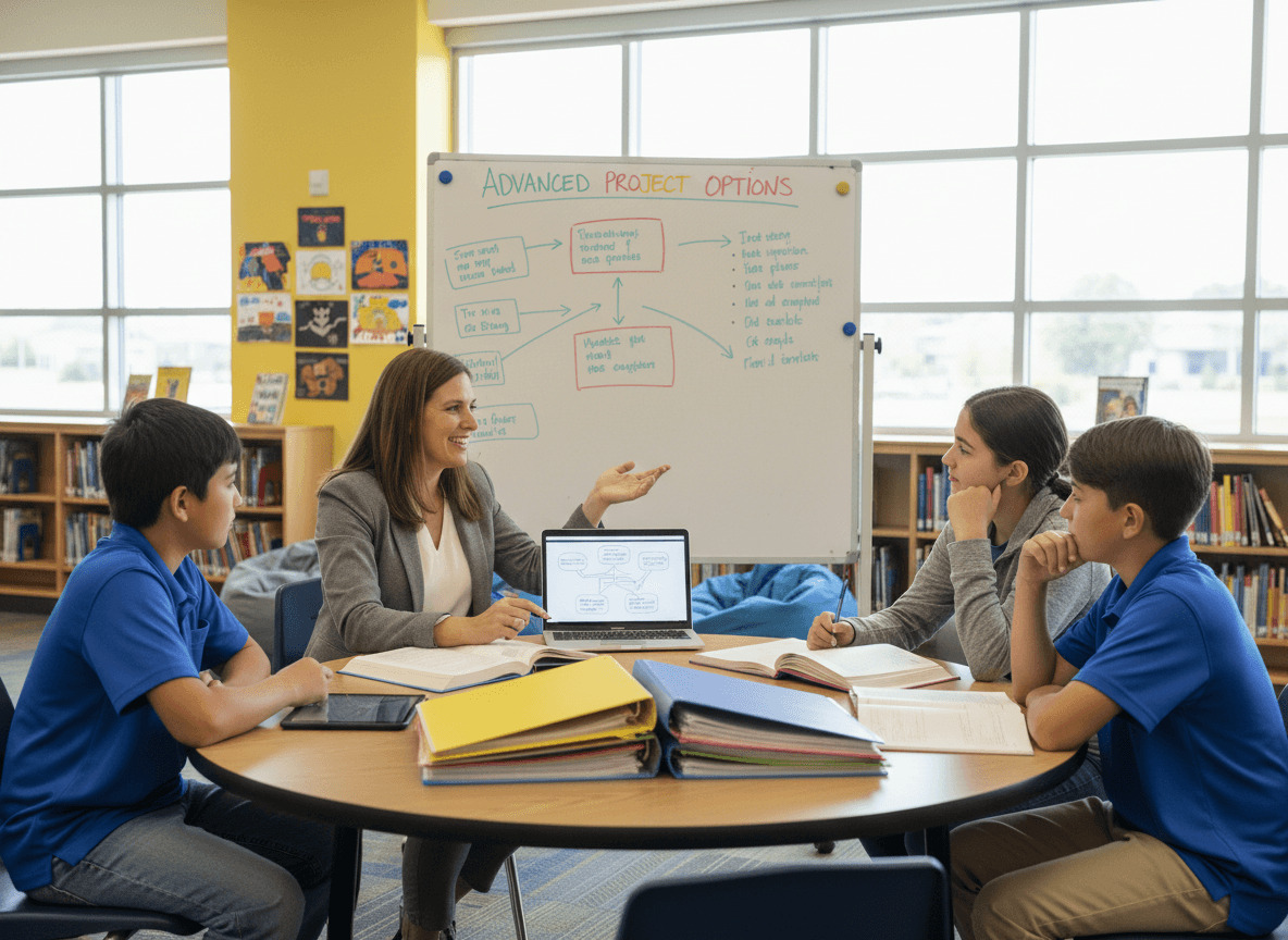 A gifted education coordinator meeting with middle school students to discuss advanced project options
