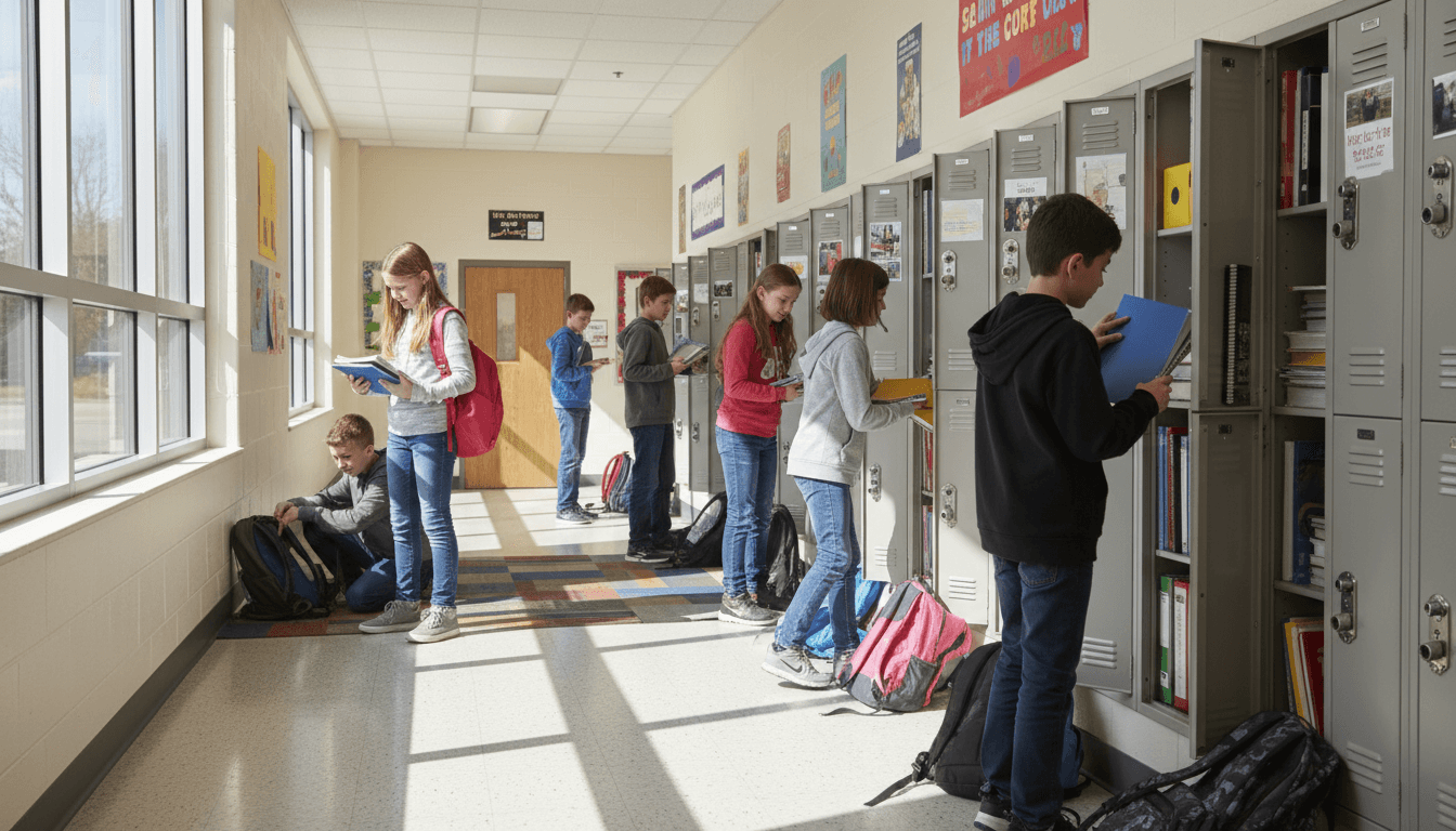 Row of open middle school lockers in a hallway with students organizing their books and backpacks