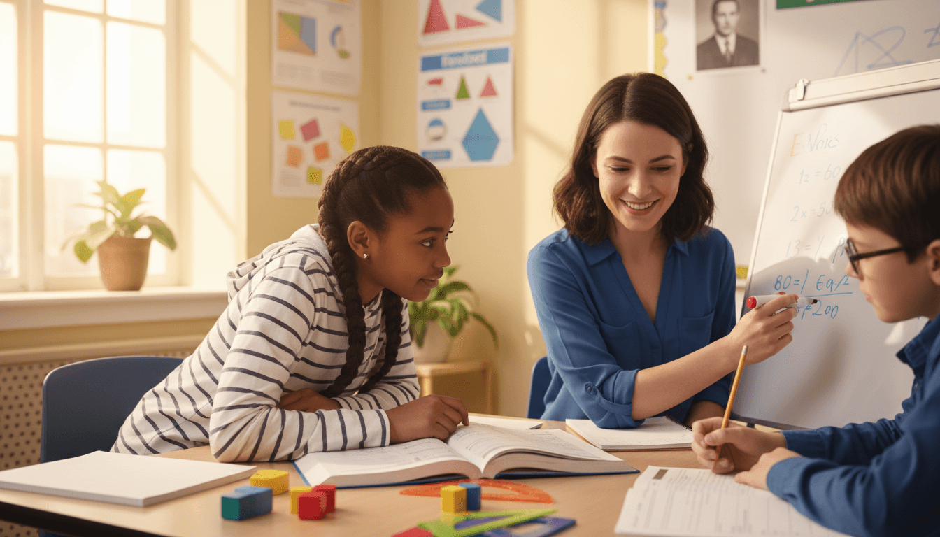 A middle school student working through math problems with a teacher in a small group setting