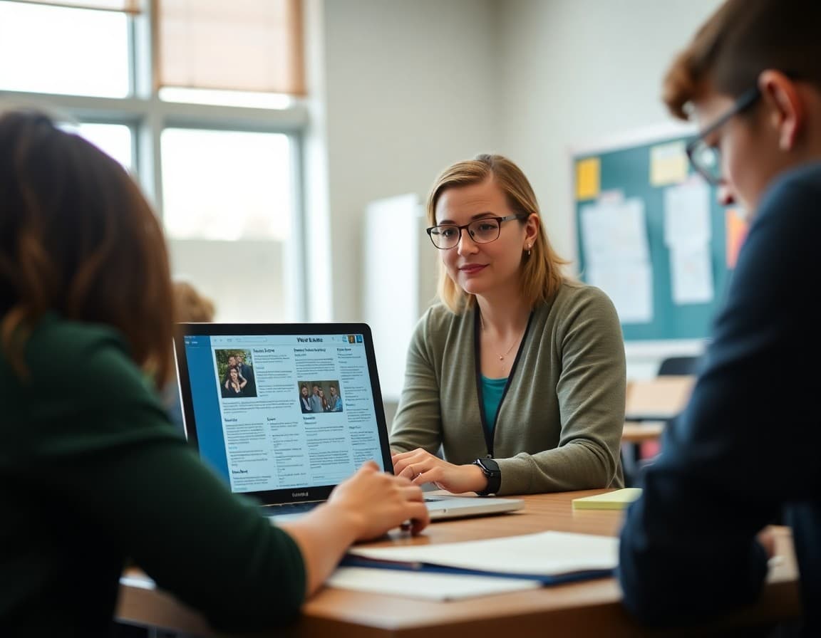Middle school teacher reviewing newsletter examples on a laptop screen