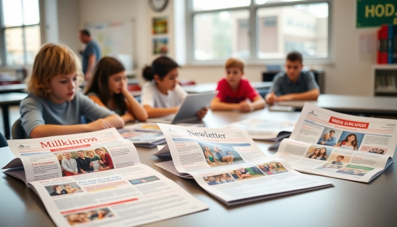 Several printed middle school newsletter examples laid out on a table with design notes