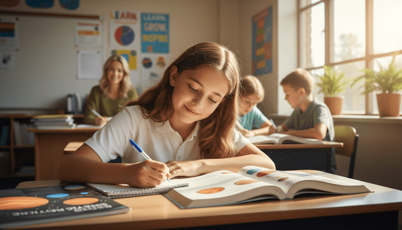 Middle school student writing notes in a notebook while studying from a textbook at a desk