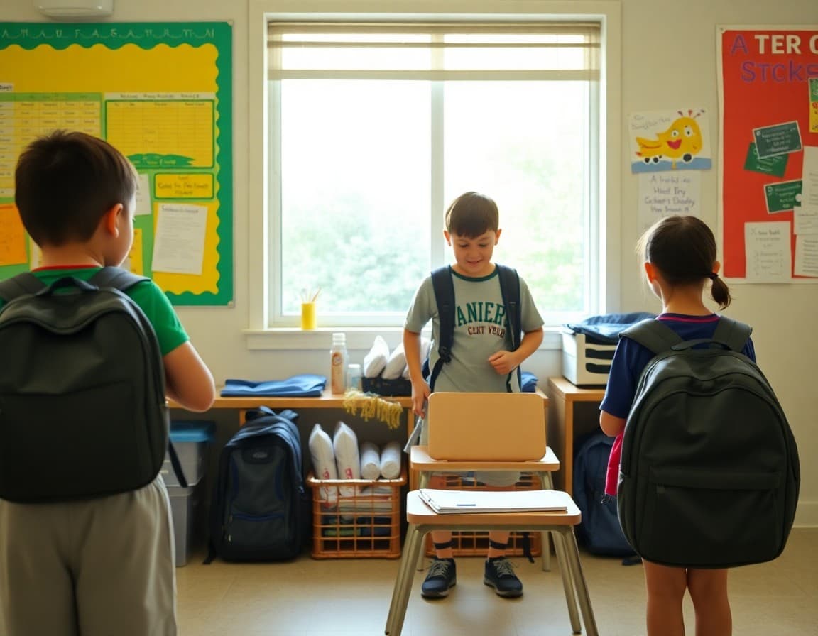 Organized after-school area with a backpack, snack, and homework station