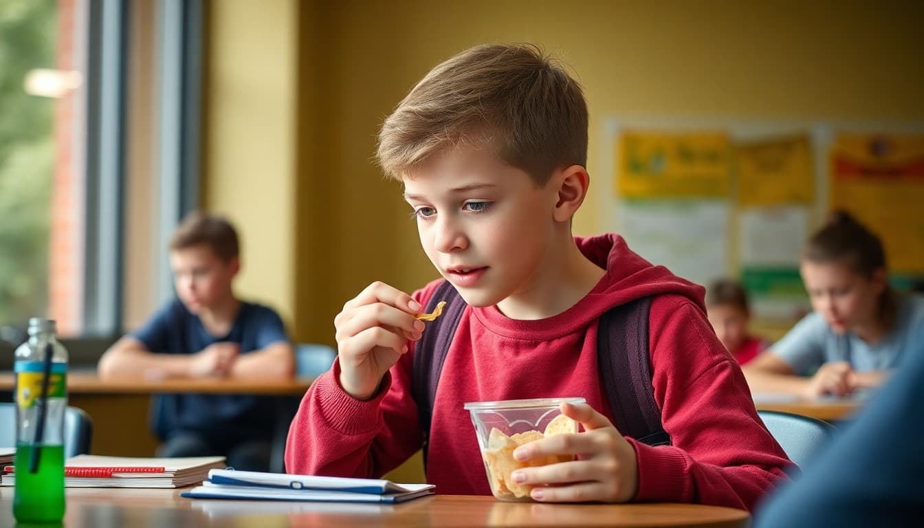 Middle school student having a snack after school before starting homework