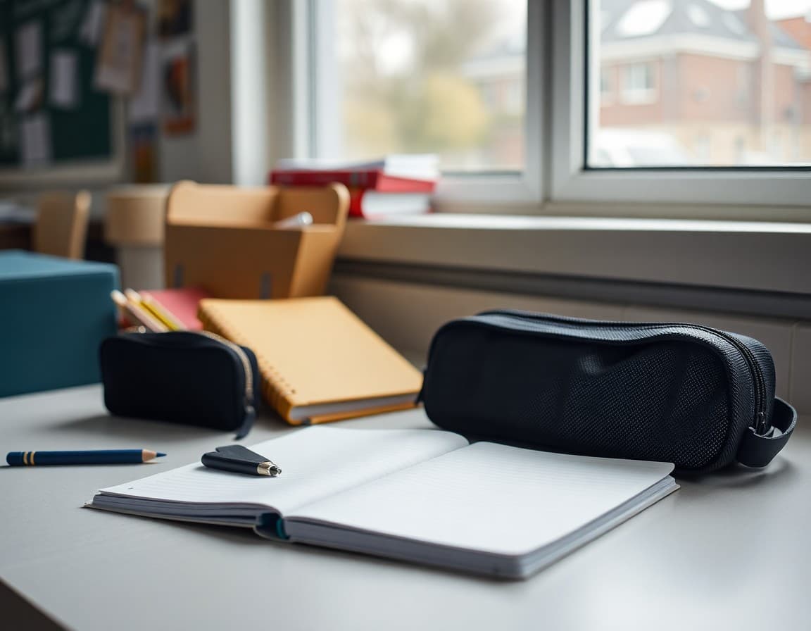 Organized homework station with a planner, pencil case, and open notebook