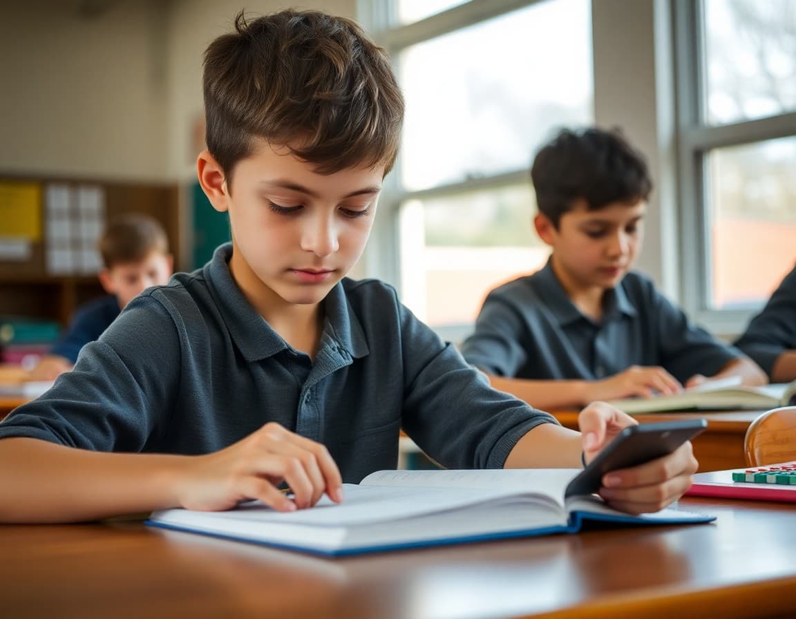 Middle school student working on math homework with a calculator and notebook
