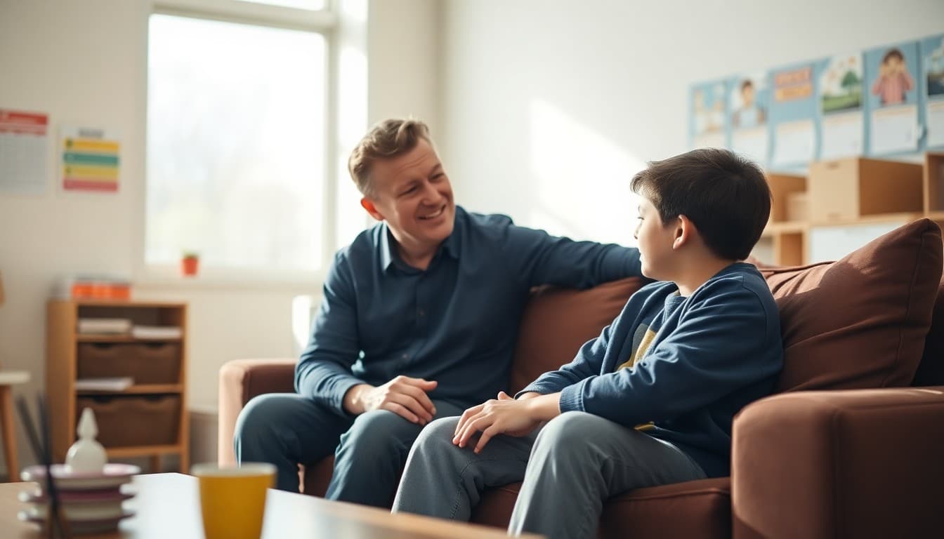 Parent having a calm, supportive conversation with a middle school student on a couch