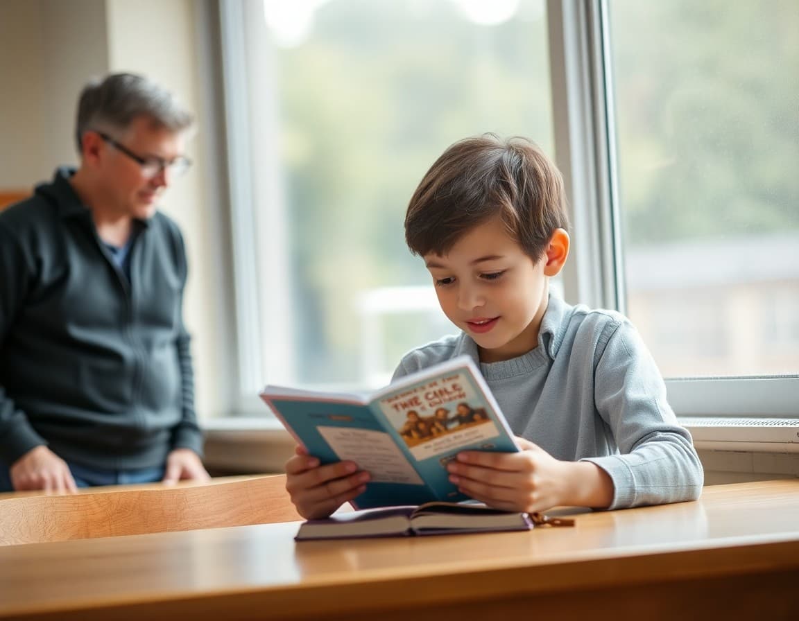 Middle school student reading independently while a parent looks on nearby