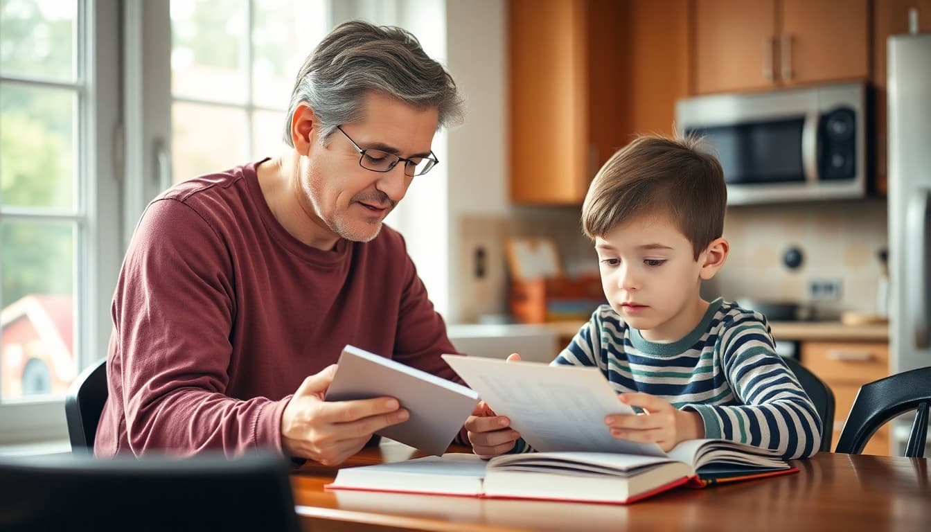Parent and middle school student reading together at a kitchen table