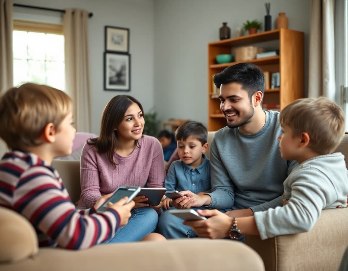 Family having a conversation about screen time guidelines in a living room