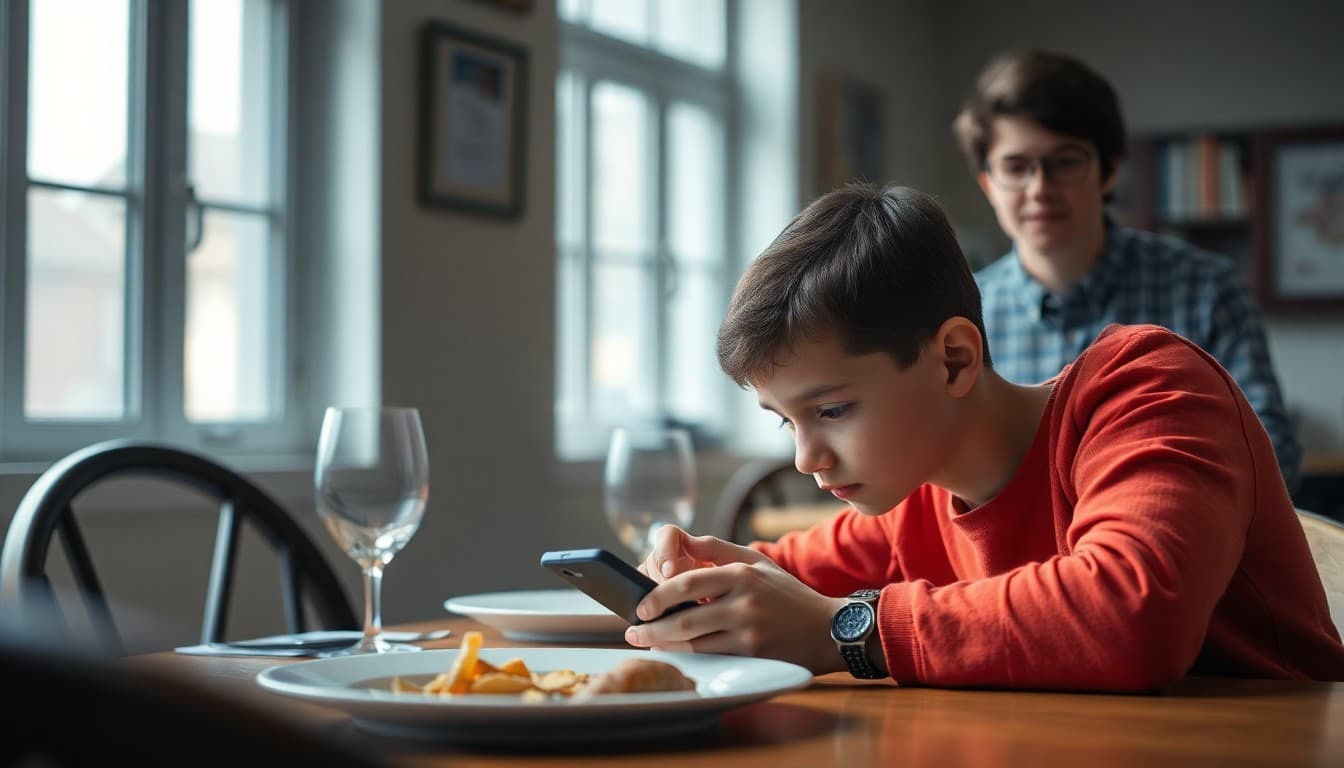 Middle school student on a smartphone at a dinner table with a concerned parent nearby