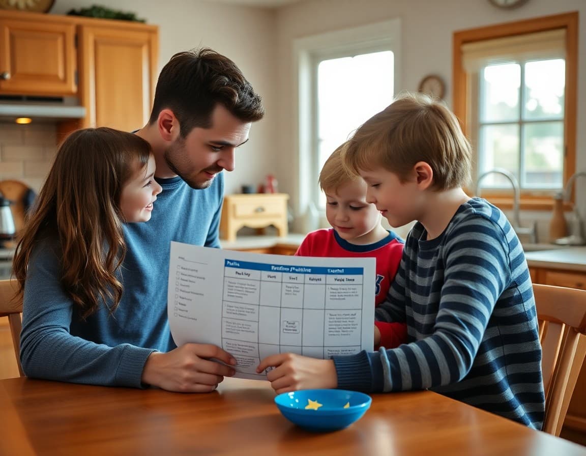 Family reviewing a bedtime routine chart together at the kitchen table