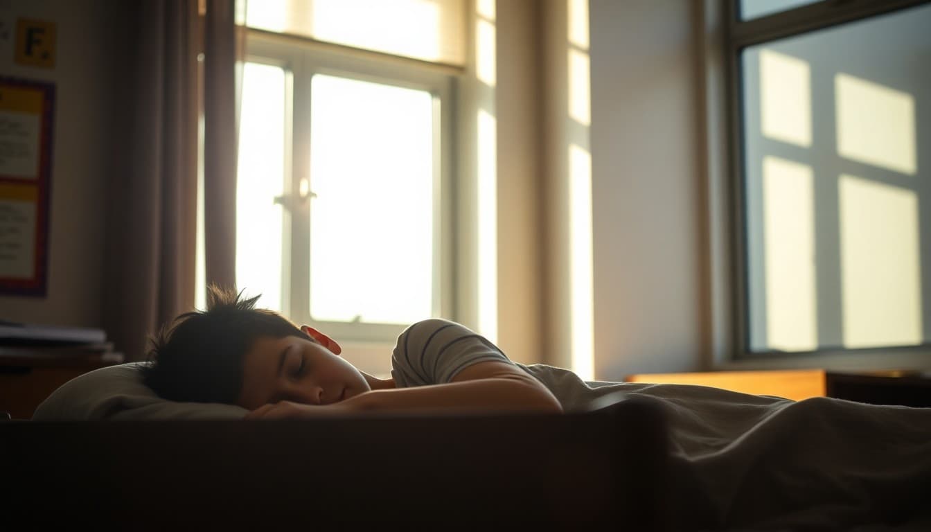 Middle school student sleeping in the morning with sunlight coming through the window