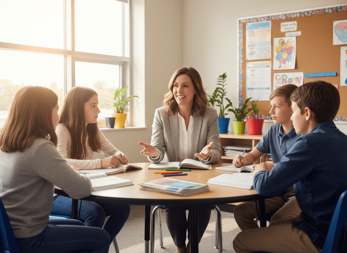A counselor speaking with a small group of middle school students in a classroom setting
