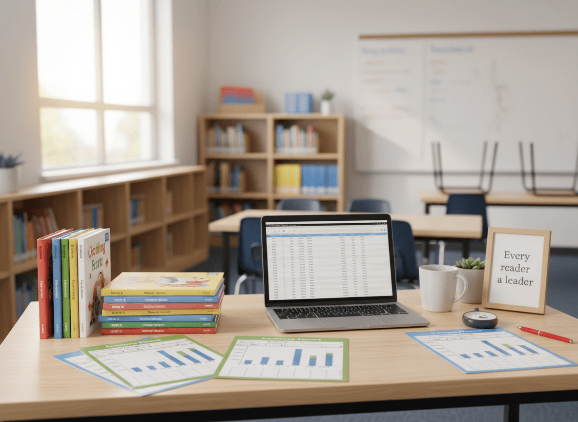 Reading intervention materials including leveled texts and fluency tracking charts on a teacher desk