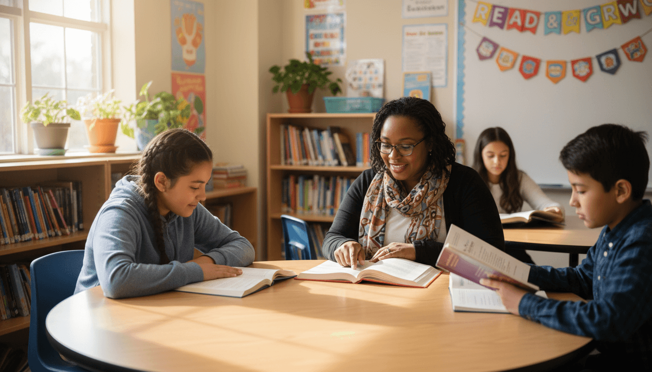 A middle school student reading with a literacy specialist in a small intervention group