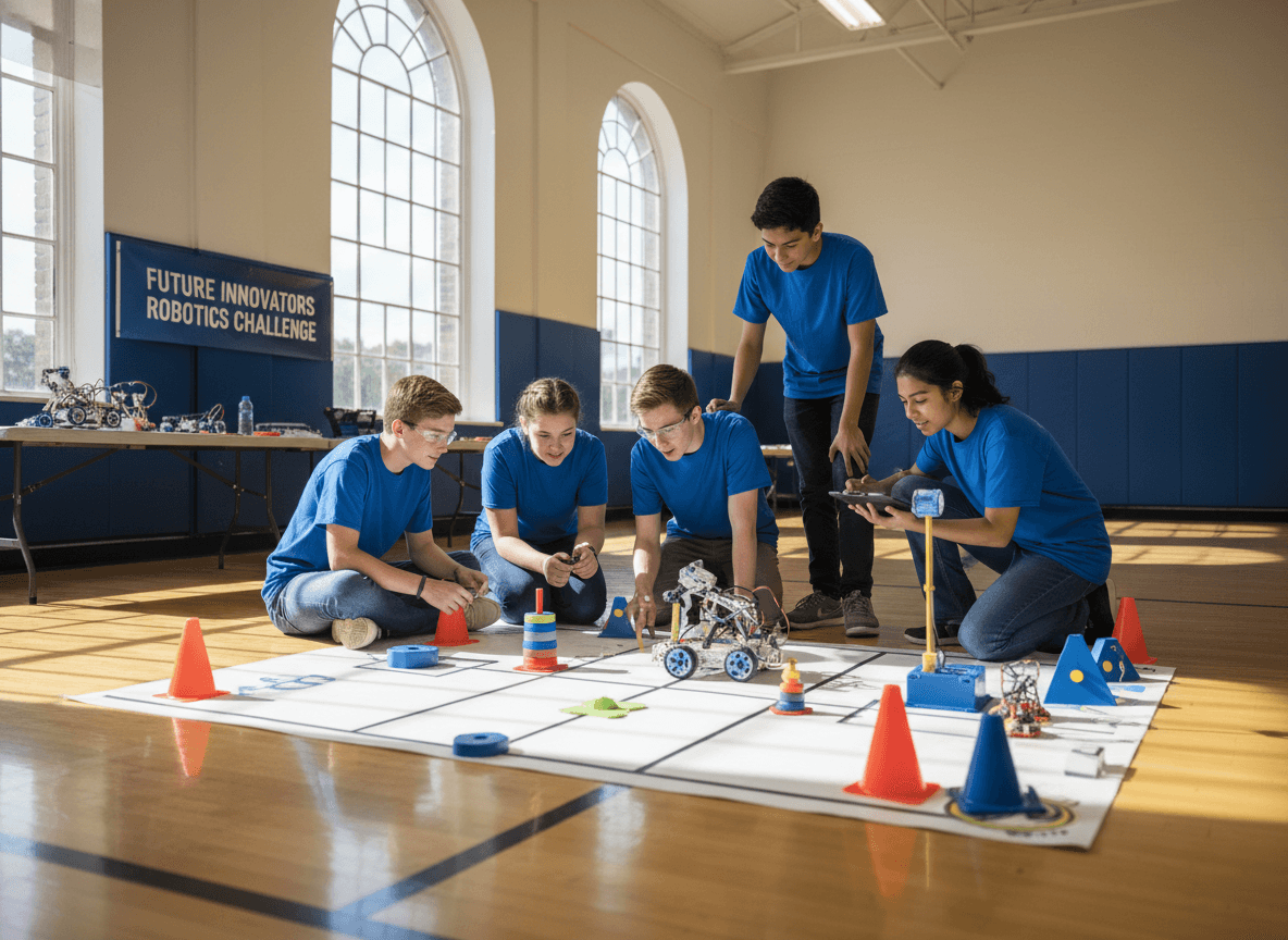 Students testing a robotics design on a competition field during a practice session
