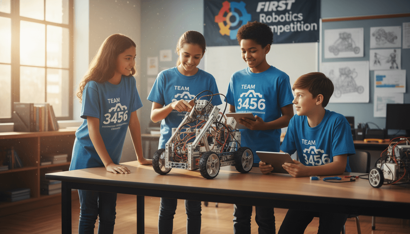 Middle school robotics team members gathered around a robot they built for a FIRST competition