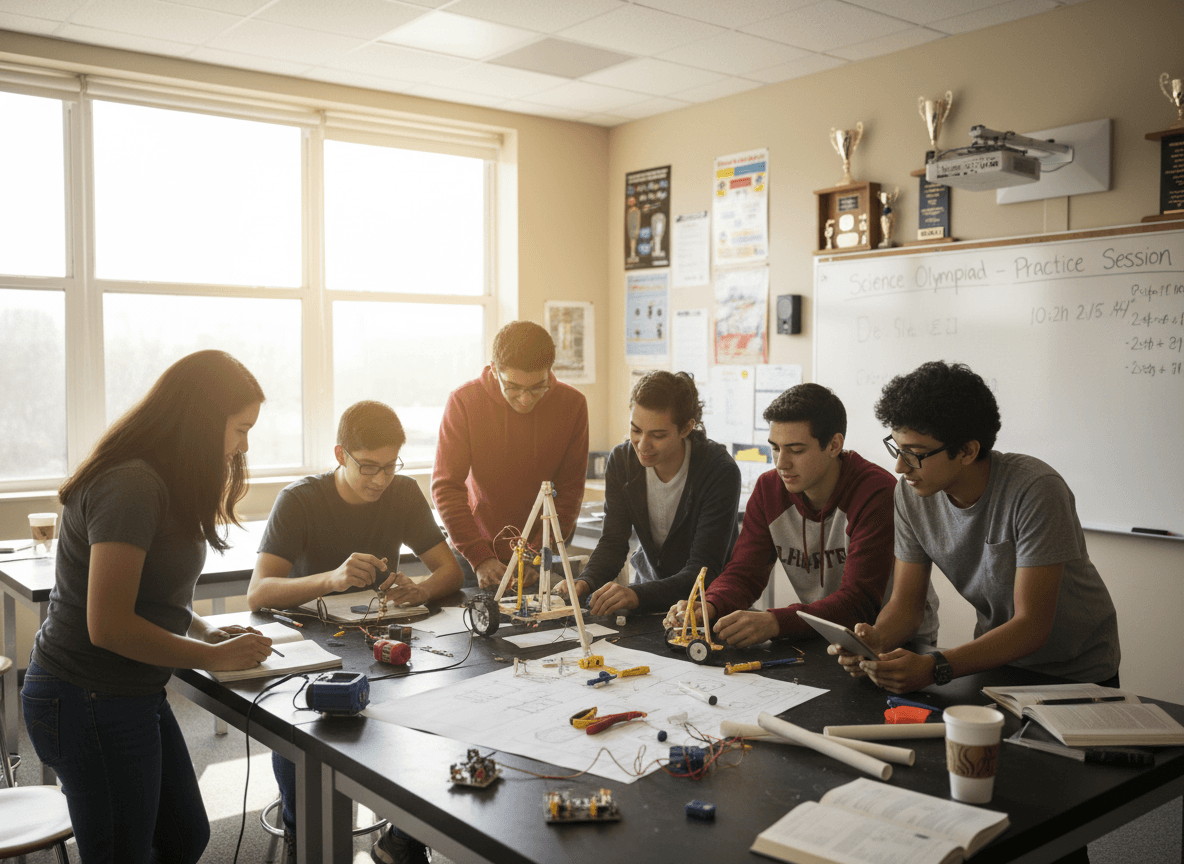 Students building a device for a Science Olympiad engineering event during a practice session