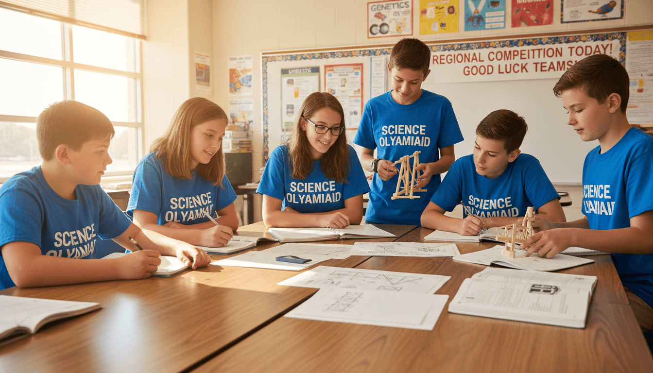 Middle school Science Olympiad team members reviewing notes and materials before a competition