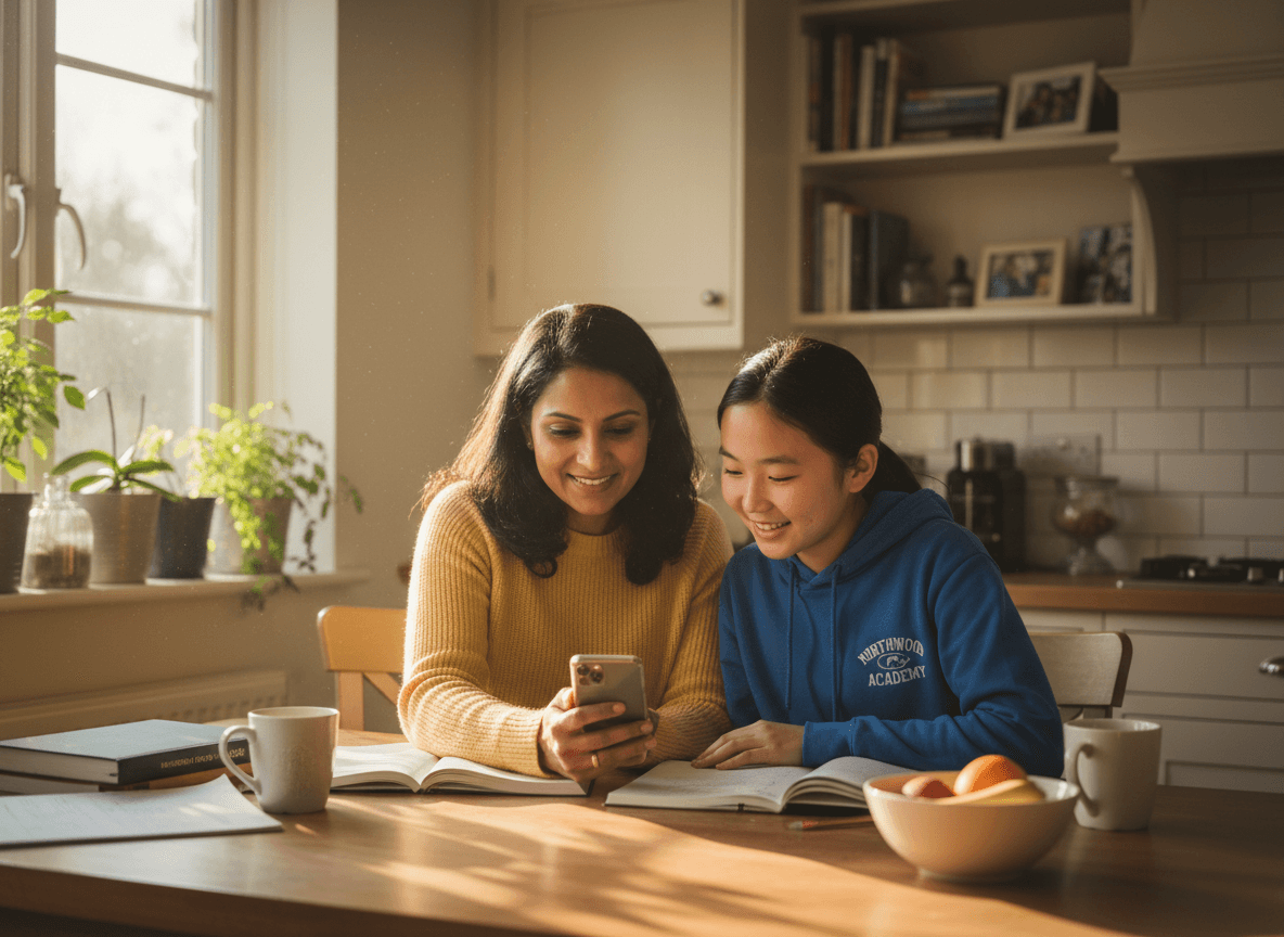 A parent and middle school student looking at a phone together at a kitchen table
